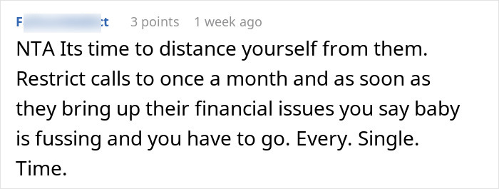 Comment advising to distance from elderly parents expecting support after squandering savings on poor business schemes. Comment advising to distance from elderly parents expecting support after squandering savings on poor business schemes.