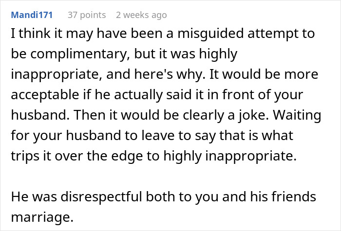 Screenshot of a Reddit comment discussing a friend&rsquo;s compliment turning uncomfortable and a wife insisting on finding a hotel.