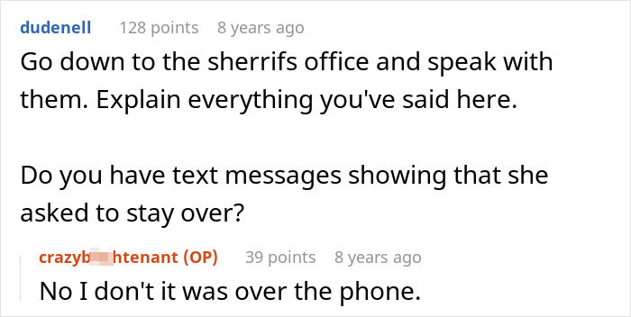 Screenshot of a Reddit conversation discussing proving someone lives in a house by planting belongings inside.