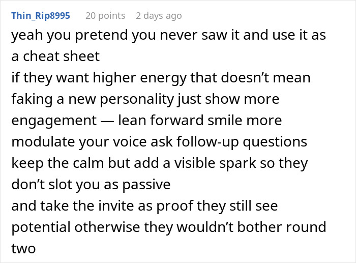 Text showing advice to stay engaged and positive after receiving an email about a second interview and unexpected video file.