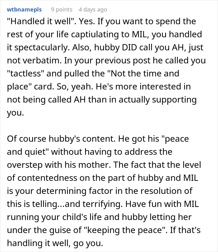 Comment discussing a woman who corrects her mother-in-law's claim about coming up with the baby&rsquo;s name.