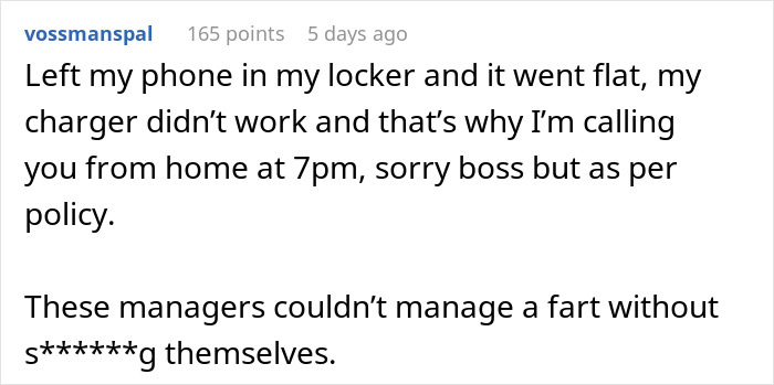 Text post showing a user’s complaint about manager phone ban at work hours with malicious compliance tone. Text post showing a user’s complaint about manager phone ban at work hours with malicious compliance tone.