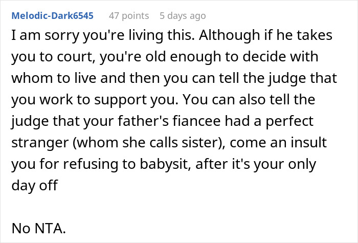Comment on a forum discussing a teen escaping dad&rsquo;s babysitting demand, explaining legal rights and support details.