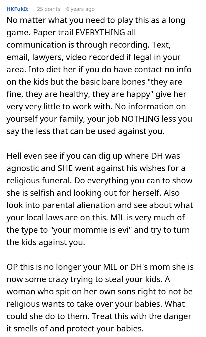 Text advice on legal strategy for widow wanting to move abroad with kids amid MIL court threats and parental alienation concerns.