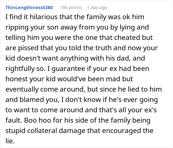 Alt text: Online comment discussing dad lying about divorce reasons to win over his son and the ex-wife revealing the truth later