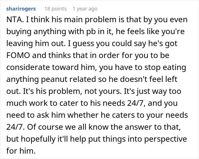 Comment text explaining a man upset with his girlfriend buying a peanut butter cake to eat at work.