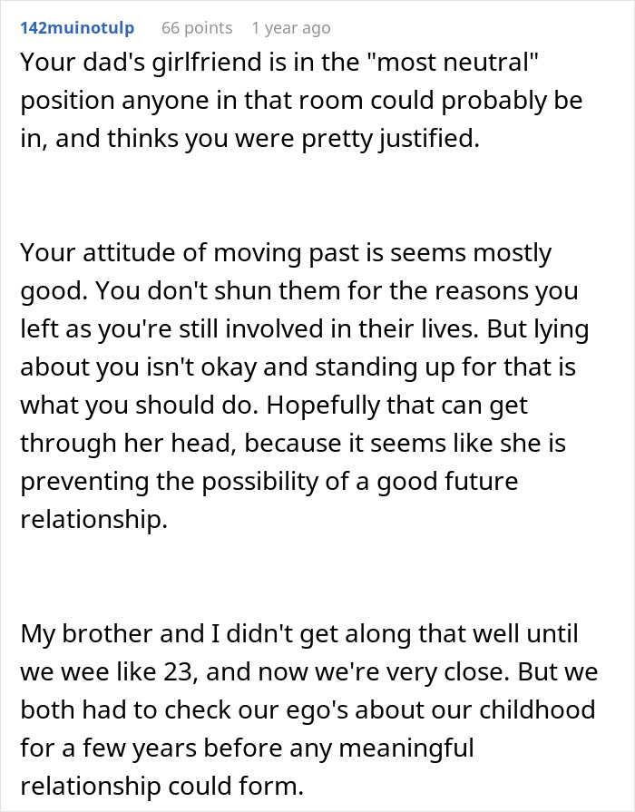 Comment discussing a person telling half-sister they ran away because of her, causing family fallout and relationship challenges. Comment discussing a person telling half-sister they ran away because of her, causing family fallout and relationship challenges.