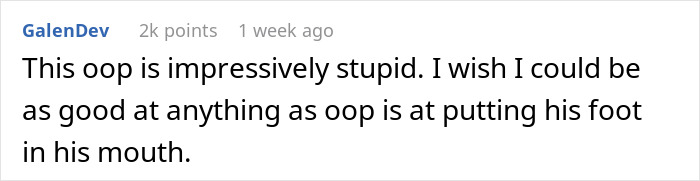 Screenshot of a Reddit comment humorously critiquing someone&rsquo;s mistake, highlighting a funny error about putting foot in mouth.