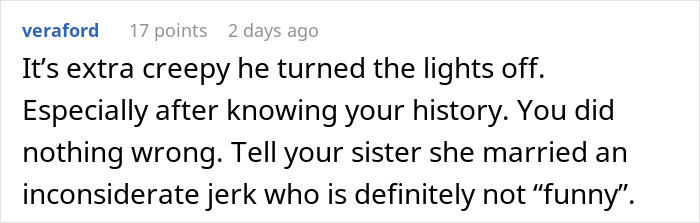 Screenshot of an online comment expressing discomfort about turning off the lights and discussing personal history in a tense prank situation.