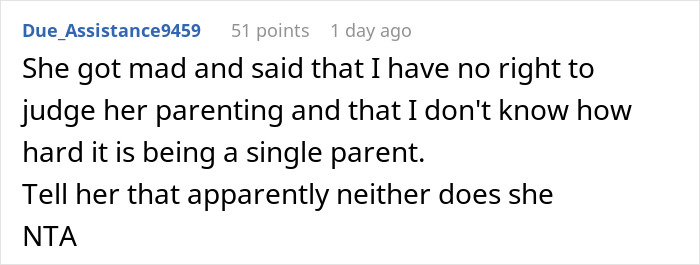 Comment from user defending their role raising sister's kid and responding to criticism about feeding choices online.