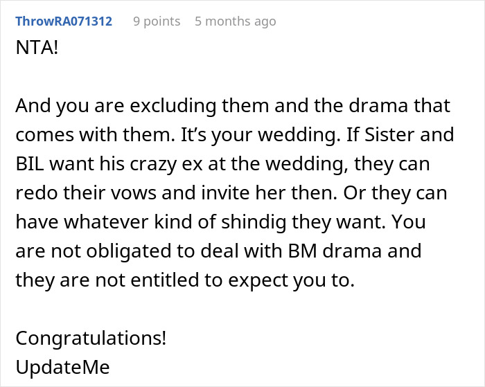 Screenshot of a Reddit comment discussing avoiding family drama caused by BIL’s nightmare ex at a wedding event. - 30
