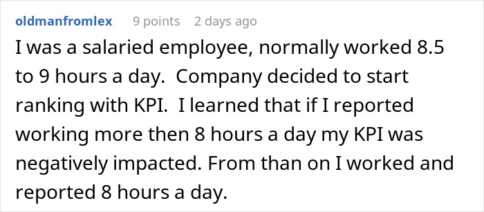Comment from user explaining how banning flexible hours impacted KPI and work reporting in a salaried job. Comment from user explaining how banning flexible hours impacted KPI and work reporting in a salaried job.