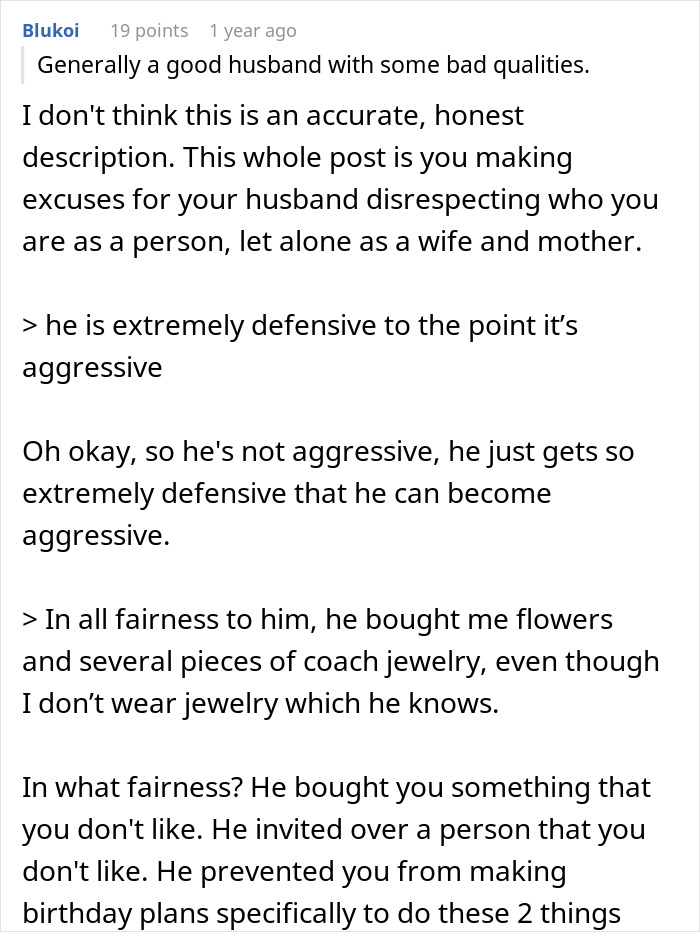 Text post discussing a husband’s birthday surprise causing issues and leading to therapy after 19 years of marriage. - 30