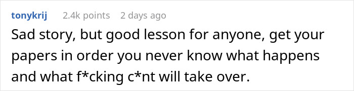 Comment discussing the importance of having proper papers to claim a house and avoid losing it unexpectedly.