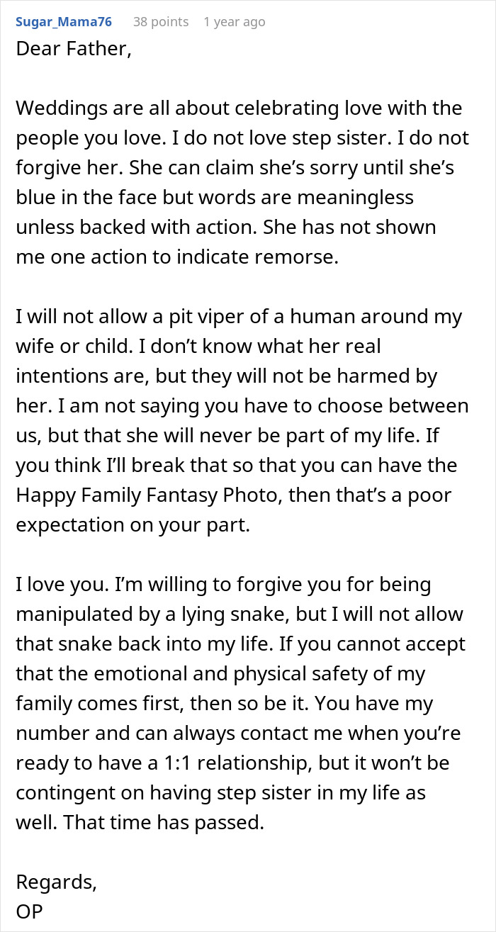 Screenshot of a heartfelt letter about a woman&rsquo;s old fight with stepsister leading to cutting ties with entire family years later.