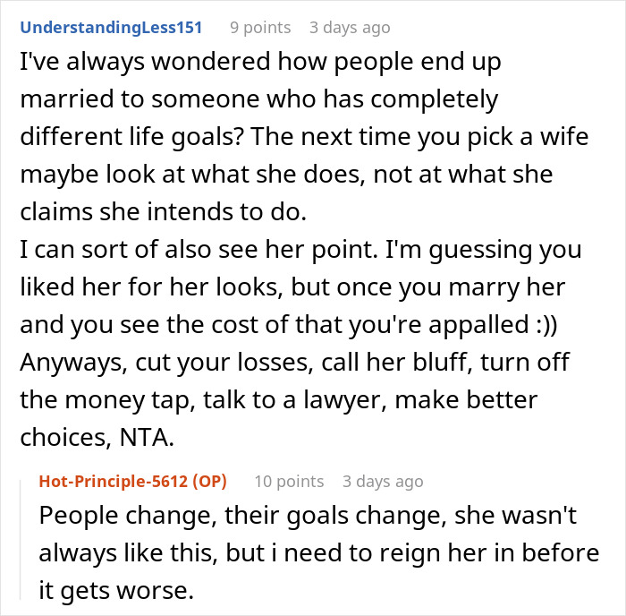 Screenshot of a Reddit discussion about a man telling his wife to get a job or accept an allowance. Screenshot of a Reddit discussion about a man telling his wife to get a job or accept an allowance.