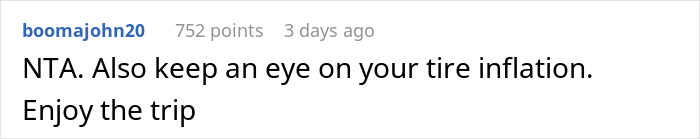 Screenshot of a social media comment advising to keep an eye on tire inflation during a trip.