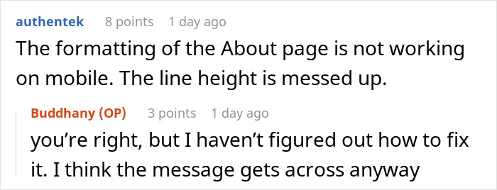 Screenshot of an online discussion about mobile formatting issues affecting website text display.