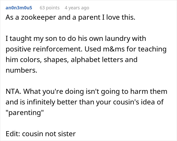 Comment about training cousin's kids using positive reinforcement and teaching skills like laundry, colors, and numbers. Comment about training cousin's kids using positive reinforcement and teaching skills like laundry, colors, and numbers.