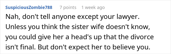Text message conversation on a phone screen about whether to explain separation and divorce differences to her husband.