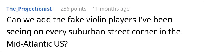 Screenshot of a forum post discussing common tourist traps featuring fake violin players on suburban street corners.