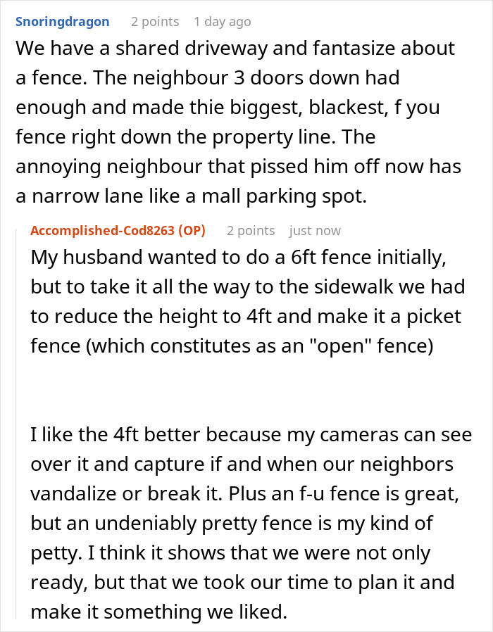 Neighbors fight over shared driveway and install a fence, woman documents actions with security cameras to protect her property.