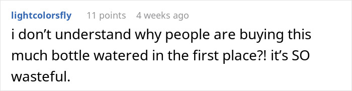 Screenshot of a Reddit comment criticizing the wastefulness of buying bottled water in relation to an Instacart shopper&rsquo;s demanding delivery.