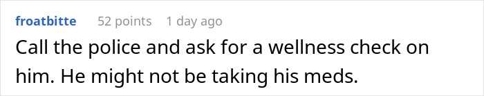 Comment on Reddit suggesting to call police for wellness check on neighbor after yard was trashed following no trespassing sign.