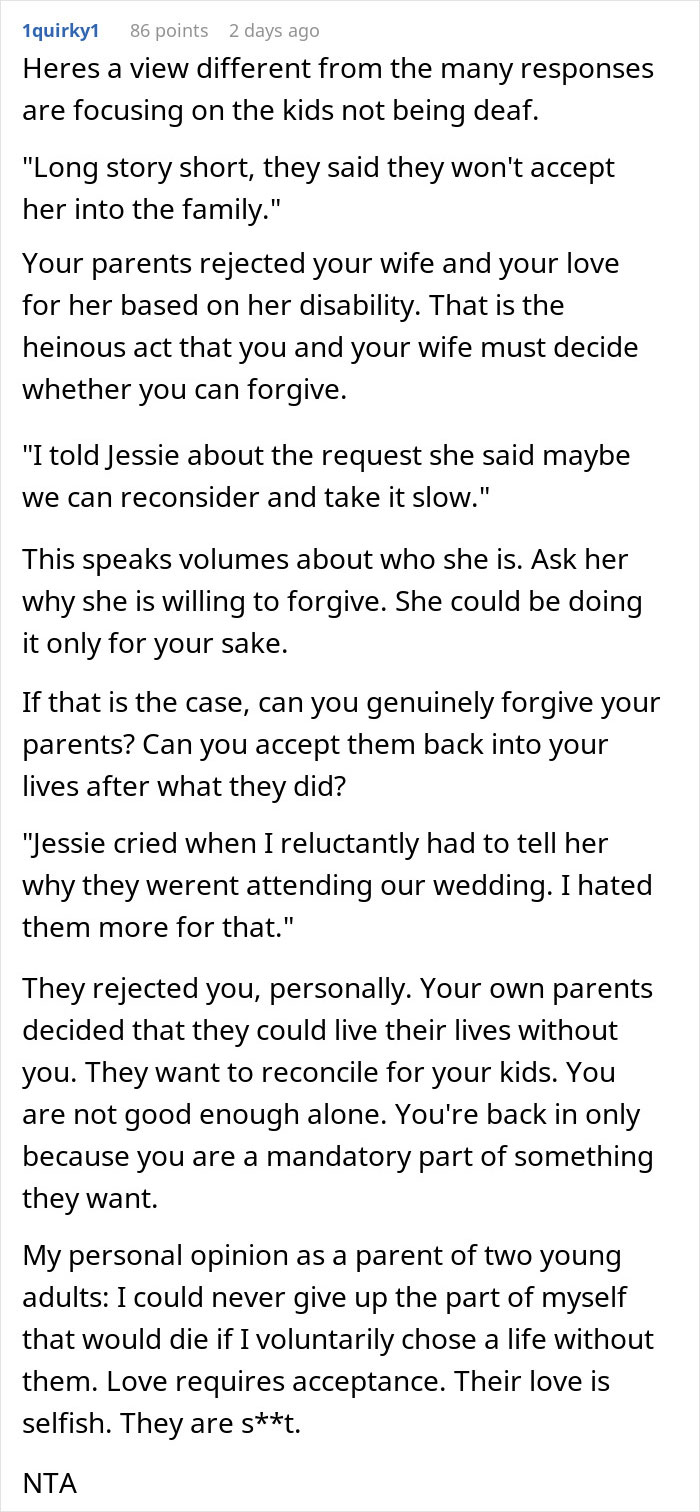 Screenshot of a heartfelt online discussion about a man defending his wife and cutting off his parents over family rejection.