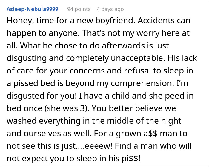 Comment discussing a man who wets the bed and shows lack of care, highlighting bedwetting concerns in adults.