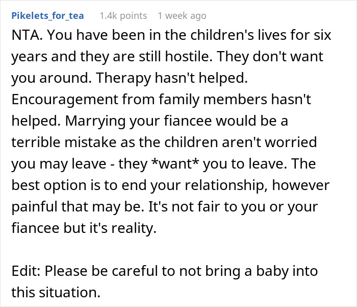Reddit comment discussing a man&rsquo;s struggle to win over fiancee&rsquo;s kids for six years before wanting to break up.