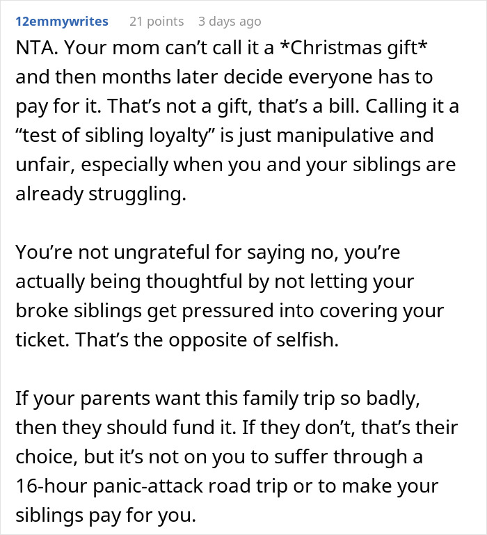Alt text: Reddit comment discussing woman refusing Christmas gift trip if siblings must pay for her flight, highlighting family trip conflict.