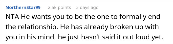 Screenshot of a Reddit comment discussing a boyfriend telling friends a woman couldn&rsquo;t join a couples trip without asking her.