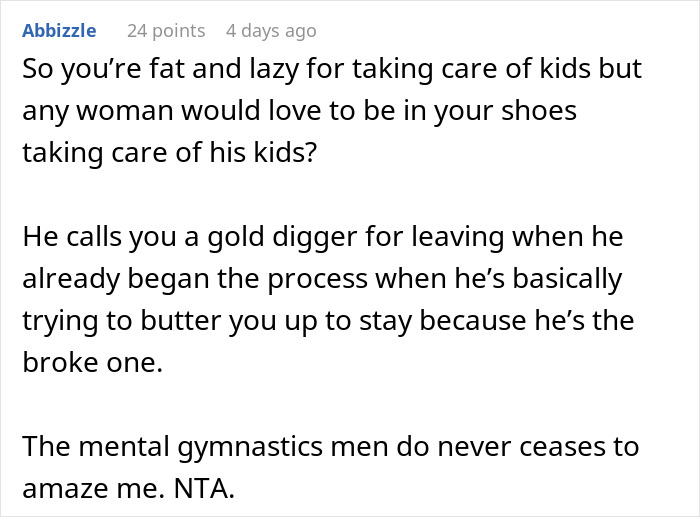 Comment discussing a man demanding divorce from his fat and lazy wife while facing job loss. Comment discussing a man demanding divorce from his fat and lazy wife while facing job loss.