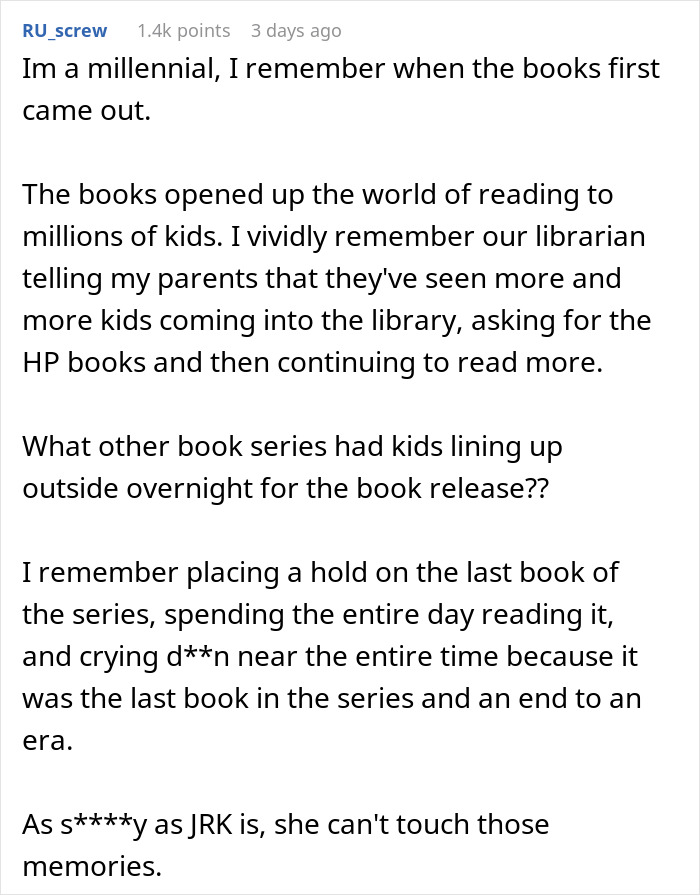 Text post reflecting on the impact of Harry Potter books on kids and family reactions to giving them.