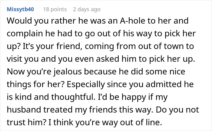 Comment about woman panicking and jealousy after husband remembers friend's favorite drink from years ago. Comment about woman panicking and jealousy after husband remembers friend's favorite drink from years ago.