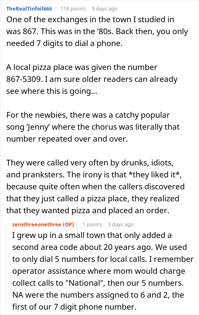 Screenshot of a Reddit discussion about phone numbers and prank calls relating to doctors and appointments.