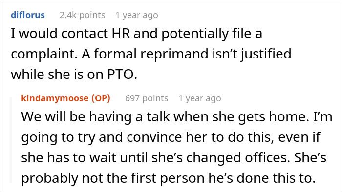 Comments discussing Emokoyee not showing up and a boss giving a formal reprimand while she is off work.