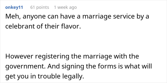 Text post on a forum with a user discussing the difference between marriage services and legal registration implications.