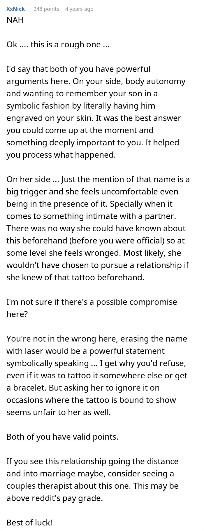 Tattoo of late son&rsquo;s name causes conflict as girlfriend finds it a triggering issue in their relationship.