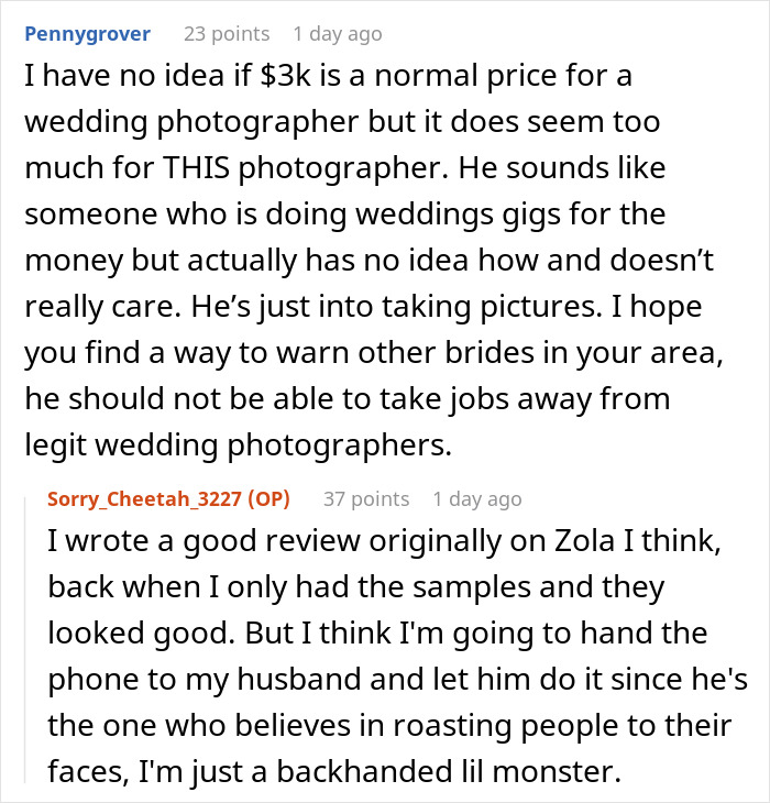 Reddit users criticize $3K wedding photographer, discussing wedding photography quality and experiences with reviews.