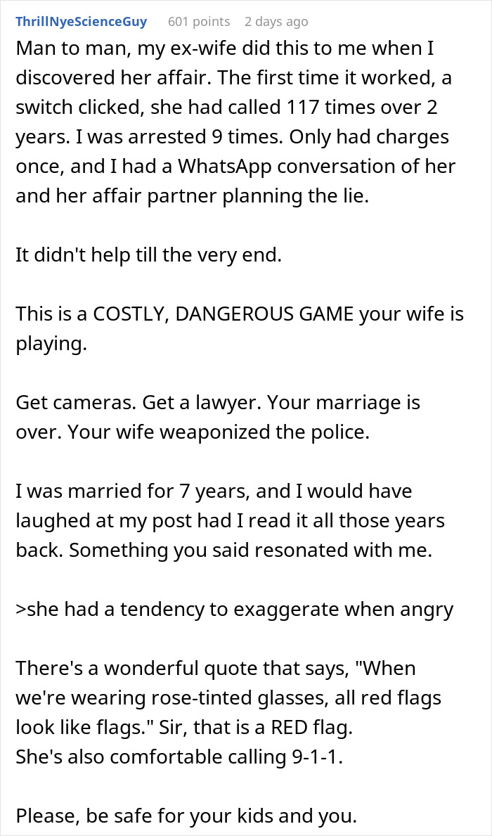 Text post describing a man&rsquo;s experience of his wife&rsquo;s domestic violence accusations draining his empathy and causing legal trouble.