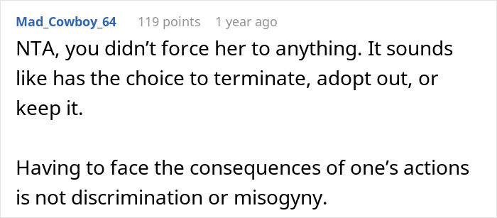 Screenshot of an online comment discussing a teen insisting on keeping her baby despite the dad refusing to help.