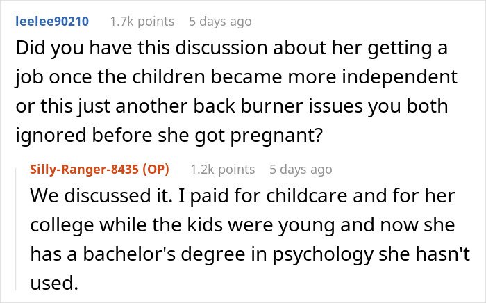 Reddit conversation showing a man and wife debating job expectations and being a stay-at-home mom for teens.