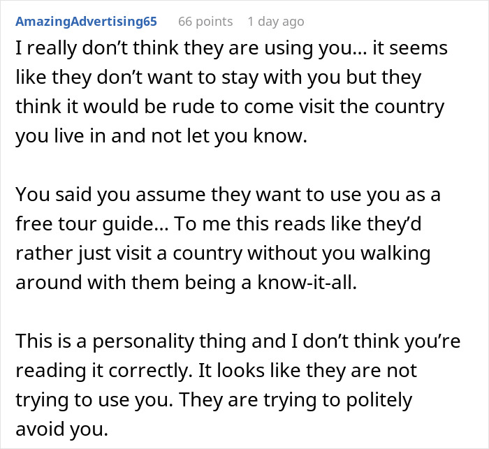 Screenshot of a Reddit comment discussing a woman telling friends she is not a hotel after being excluded on trips. Screenshot of a Reddit comment discussing a woman telling friends she is not a hotel after being excluded on trips.