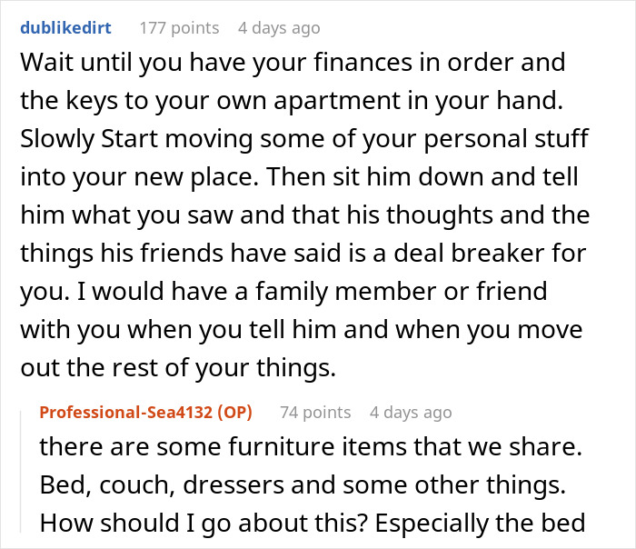 Text conversation about moving out and addressing issues after a woman checks boyfriend&rsquo;s phone in a jealous freak-out.