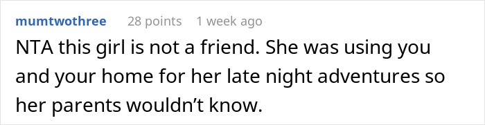 Screenshot of an online comment about a teen showing up at her best friend&rsquo;s door late at night, discussing friendship issues.