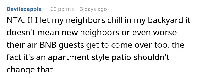Screenshot of a Reddit comment debating neighbor refusing tourists use of patio and Airbnb host claiming discrimination.