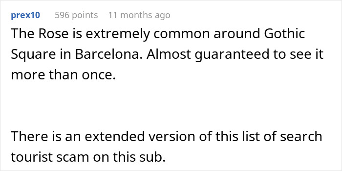 Text screenshot showing a forum user describing a common tourist trap, mentioning tourist scams and traps.