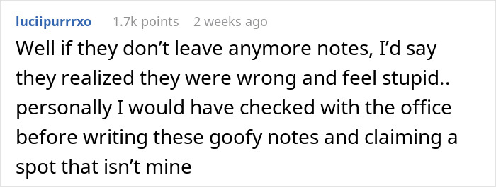 Comment discussing dodgy neighbor's anonymous notes attempting to trick woman into giving up her parking spot.